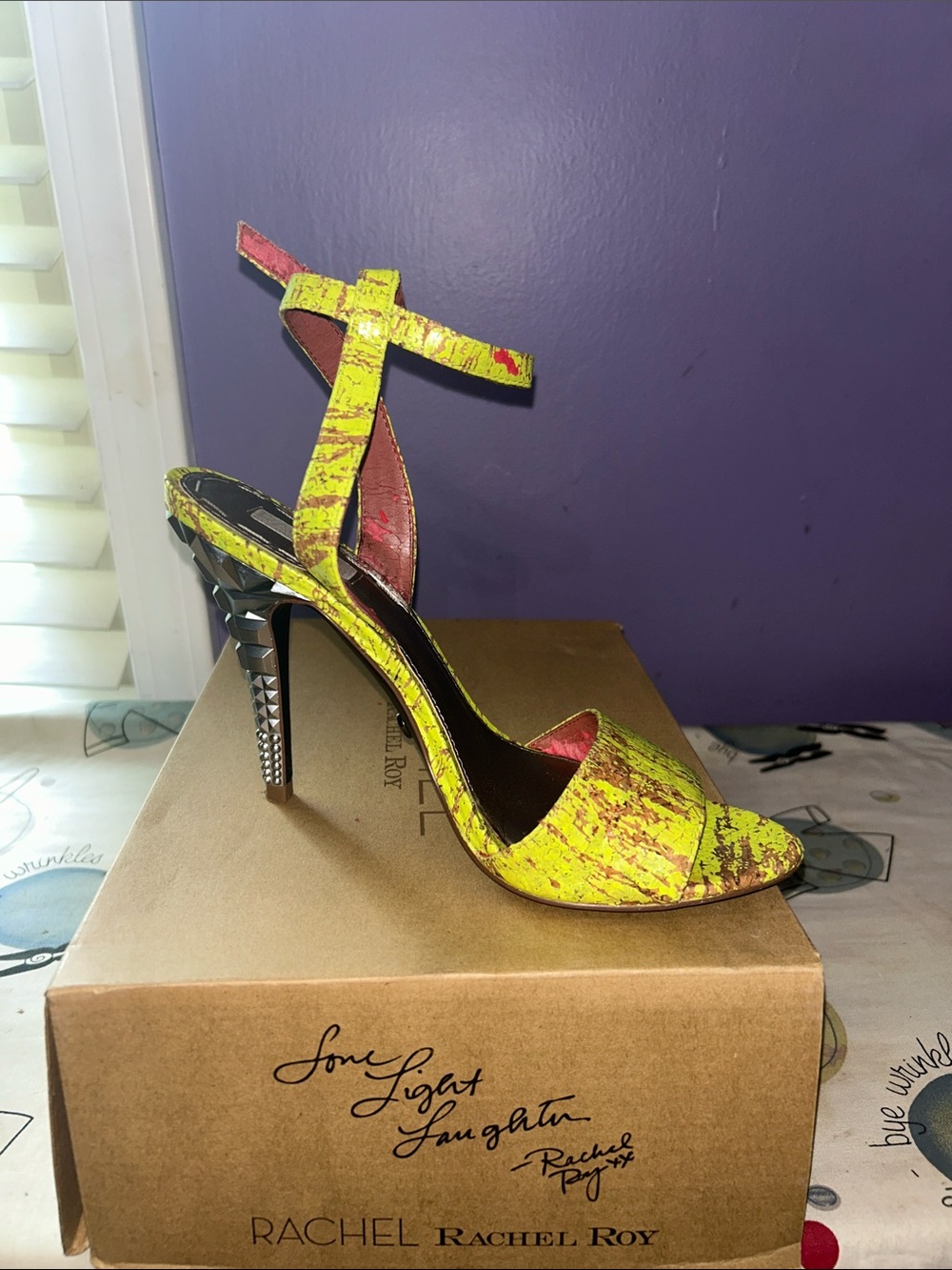 RACHEL Rachel Roy Yellow Textured Ankle-Strap High Heel Sandal
